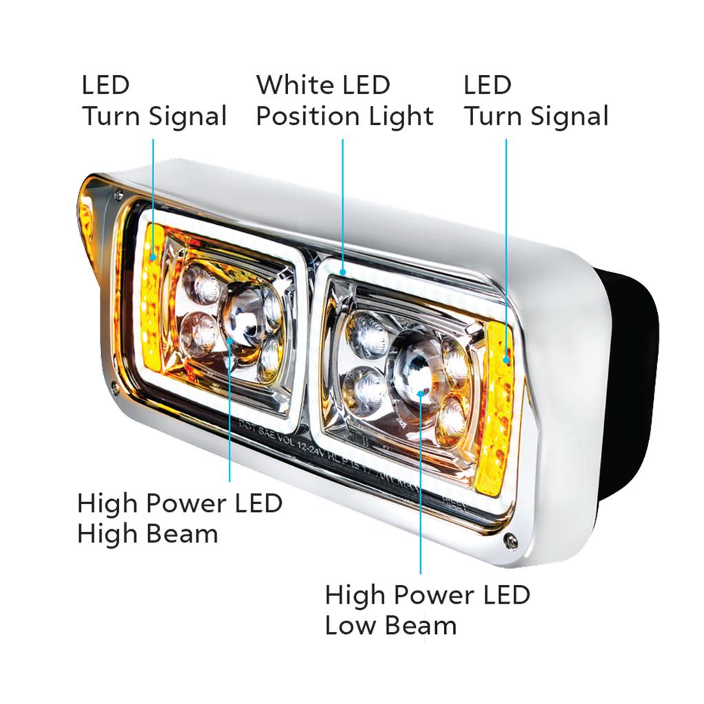 PETERBILT 379 LED CHROME PROJECTION HEADLIGHT W/ LED TURN SIGNAL - RIGHT SIDE