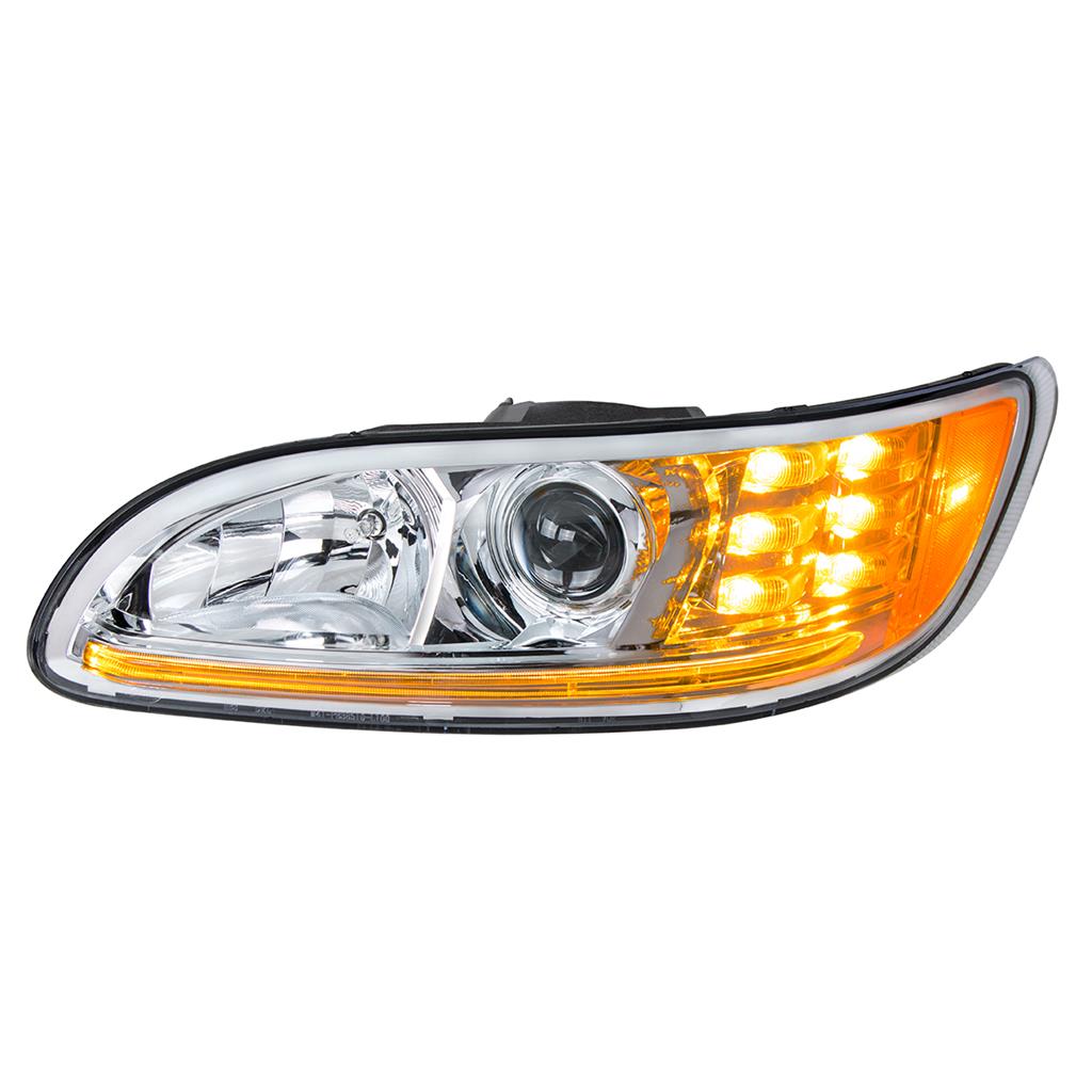 PETERBILT 386/384/387 PROJECTION HEADLIGHT W/ LED POSITION LIGHT & LED TURN SIGNAL 2008 & UP (CHROME HOUSING) - LEFT SIDE