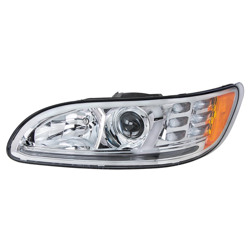 PETERBILT 386/384/387 PROJECTION HEADLIGHT W/ LED POSITION LIGHT & LED TURN SIGNAL 2008 & UP (CHROME HOUSING) - LEFT SIDE