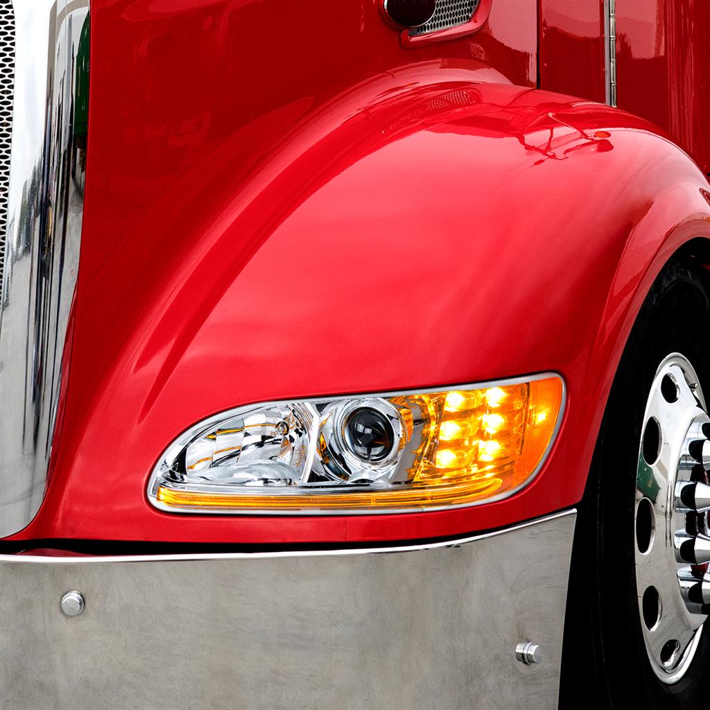 PETERBILT 386/384/387 PROJECTION HEADLIGHT W/ LED POSITION LIGHT & LED TURN SIGNAL 2008 & UP (CHROME HOUSING) - LEFT SIDE